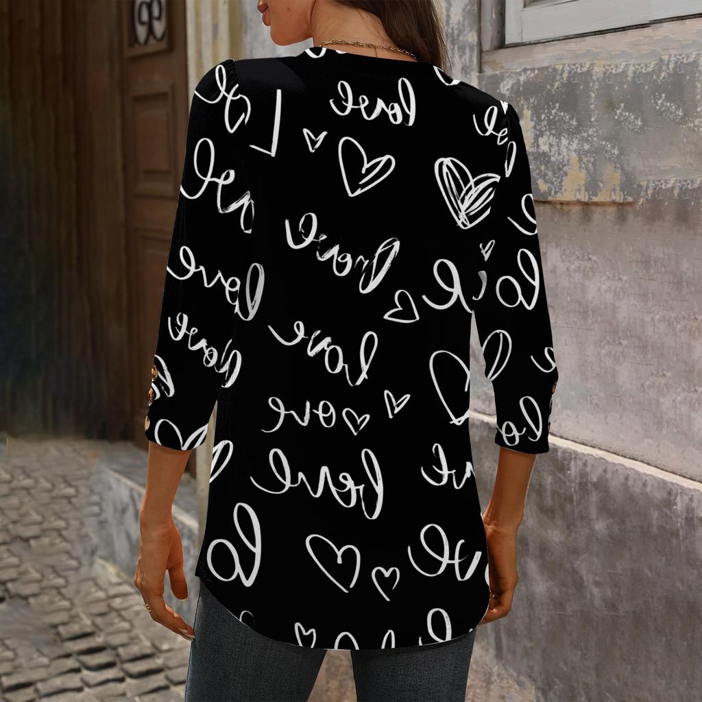 Women's Loose 7,inch Sleeve Top with Heart Print