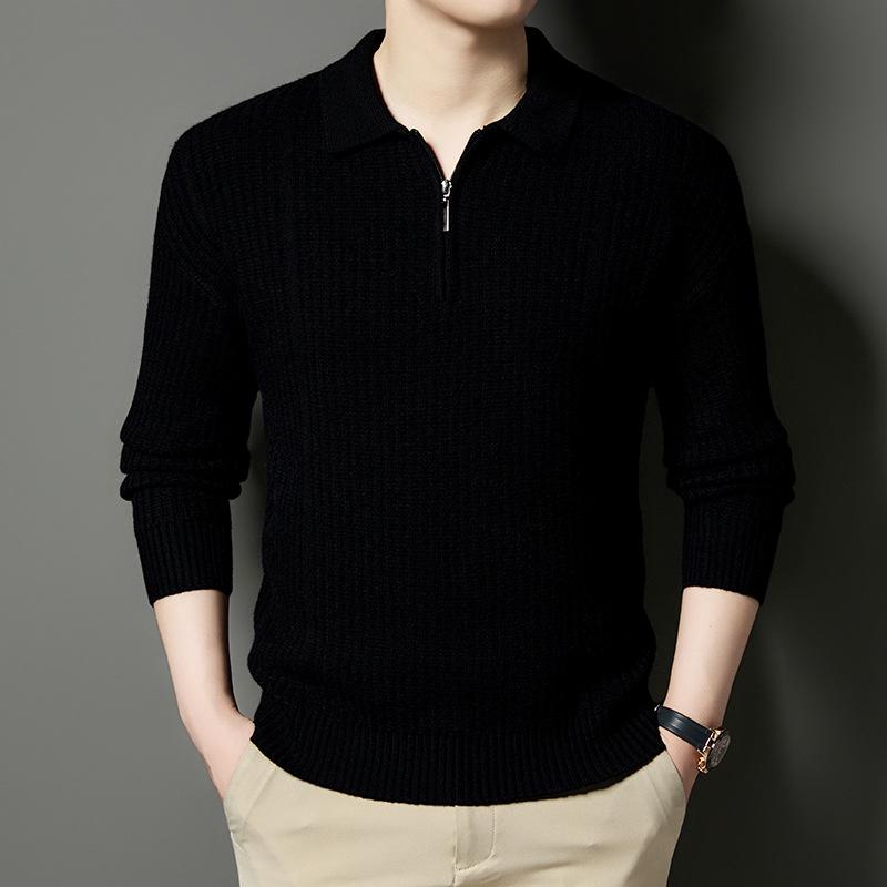 

Men’s Autumn/Winter Half-Zip Lapel Pullover: Solid Color Loose Cable Knit Sweater XXXL чорний