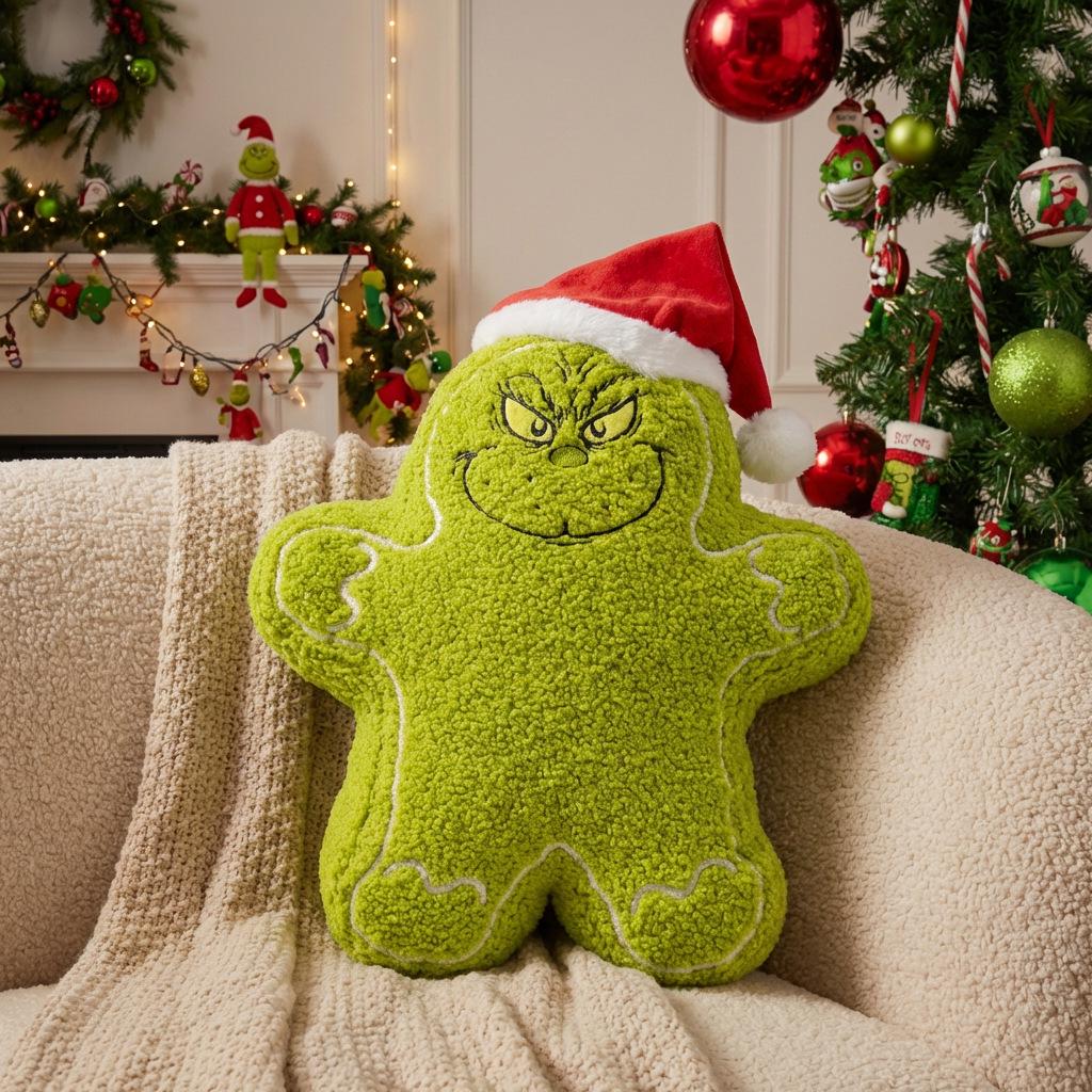 Christmas Lambswool Cushion: Green Monster in Santa Hat & Gingerbread Shape