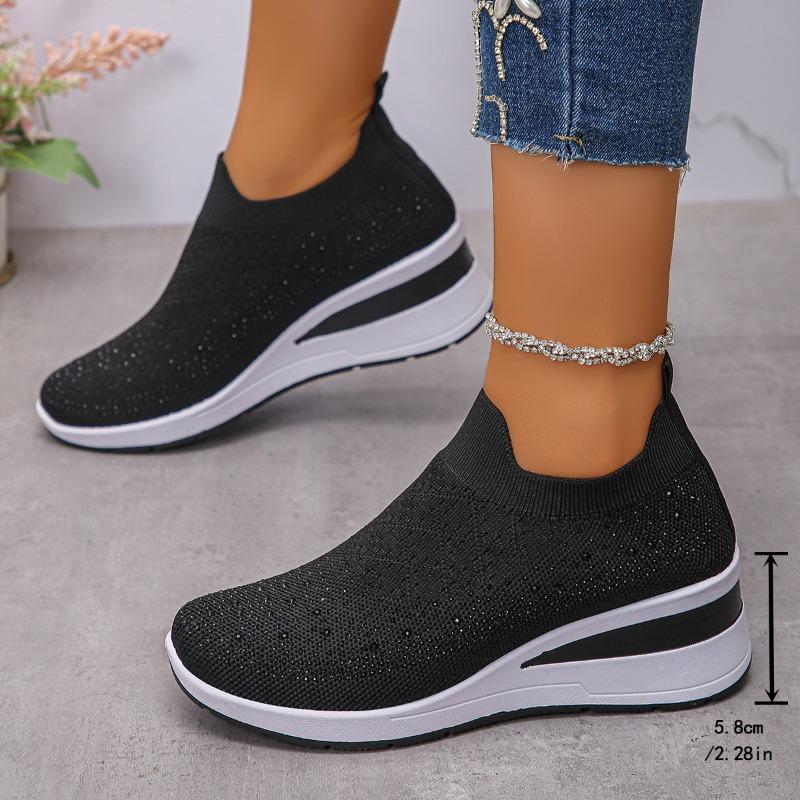 Rhineste Decor Wedge Sneakers for Women Breathable Knitted N Slip Running Shoes Woman Comfortable Slip White Sports Shoes