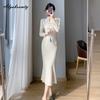 Chinese Style Autumn Winter Women Sweater Dress Stand Collar Pink Beige Black Trumpt Knitting Dress Elegant Feminine Mermaid Knitted Dress
