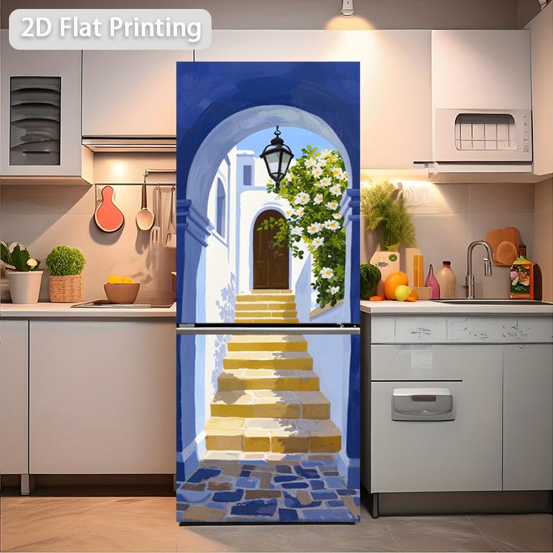 84Style Fridge Stickers Refrigerator Cover Door Landscape Plant Sea Vinyl Self Adhesive Kitchen Furniture Decor Wrap Freezer Sticker DIY