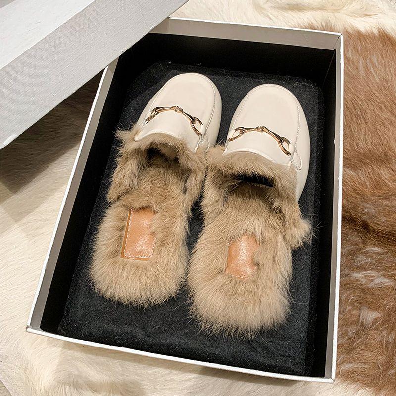Autumn/Winter 2025 Women's Fuzzy Mule Slippers with Chunky Heels and Round-Toe Design