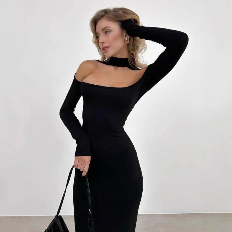 Pure Wind Autumn and Winter Fashion Sexy Chest Long Sleeve Hollow Design Slimming Dress