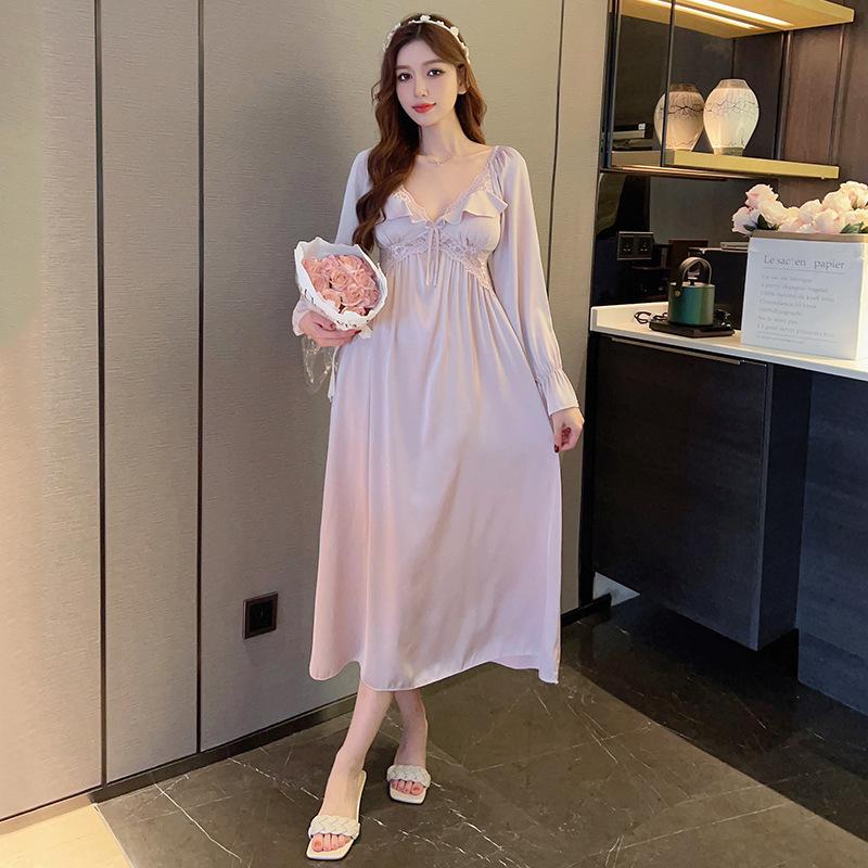 Französischer Pyjama für Damen, langärmeliges Nachthemd im Hofstil, Loungewear aus Imitationsseide, Nachthemd aus Eisseide im Prinzessinnenstil für Damen