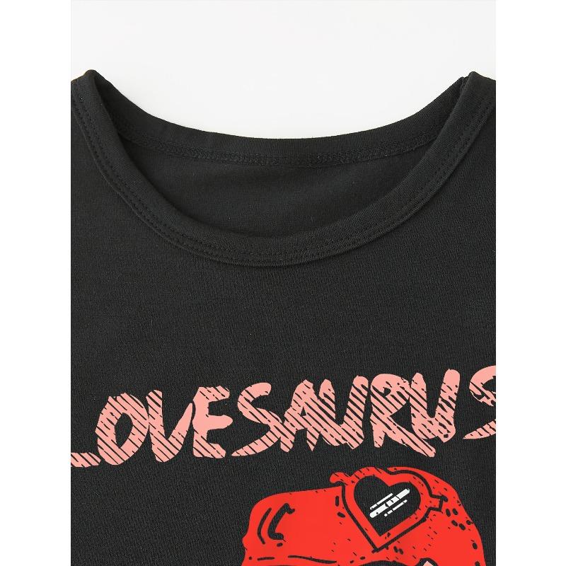 European sizes Children 1pc CHICFULL Boys' Valentine'S Day T-Shirt, Red Dinosaur & Heart Print, Casual Crew Neck Polyester Knit Fabric, Slight Stretch