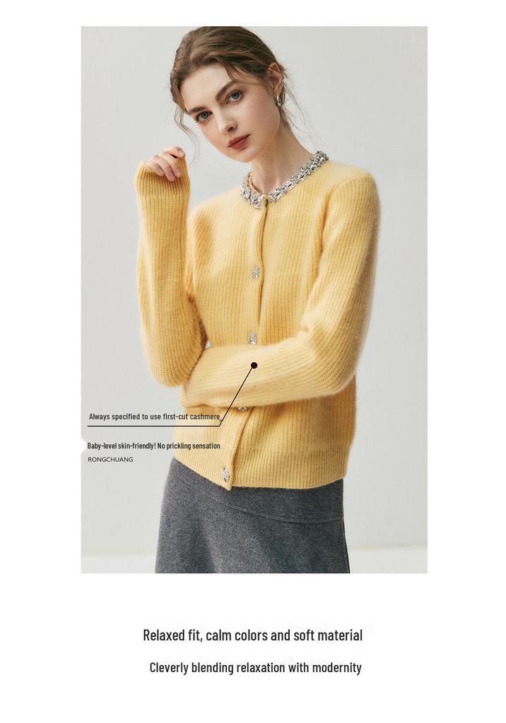 Women's Cashmere Cardigan - Round Neck, Rhinestone Trim, Stylish & Elegant, Perfect for Autumn/Winter.
