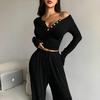 Autumn/Winter Slimming V-neck Wide Leg Long Sleeve Women's Jumpsuit Set