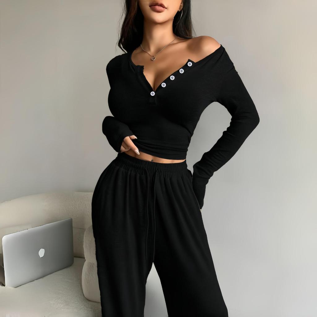 Autumn/Winter Slimming V-neck Wide Leg Long Sleeve Women's Jumpsuit Set