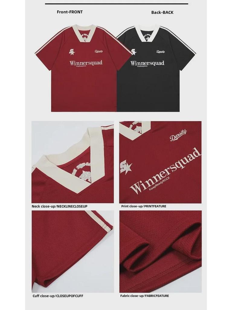 V-neck Oversized Hip-Hop Retro Embroidered Jersey T-shirt - Unisex Short Sleeve