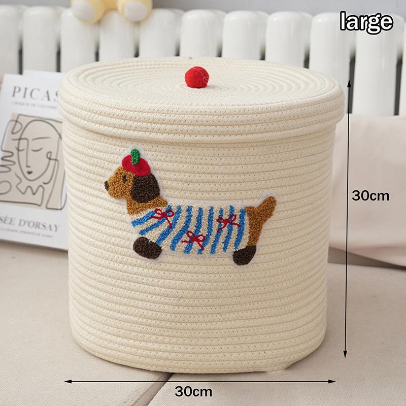 Cute Puppy Storage Basket Woven Cotton Rope Frame Large Capacity With Lid Dustproof Storage Bucket Desktop Dustproof