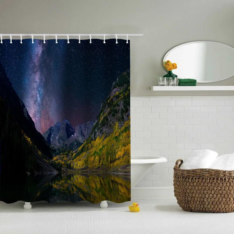 Space Shower Curtain Himalaya Mountain Tops At Starry Night Time with Stars Earth Cosmos Cloth Fabric Bathroom Decor with Hooks