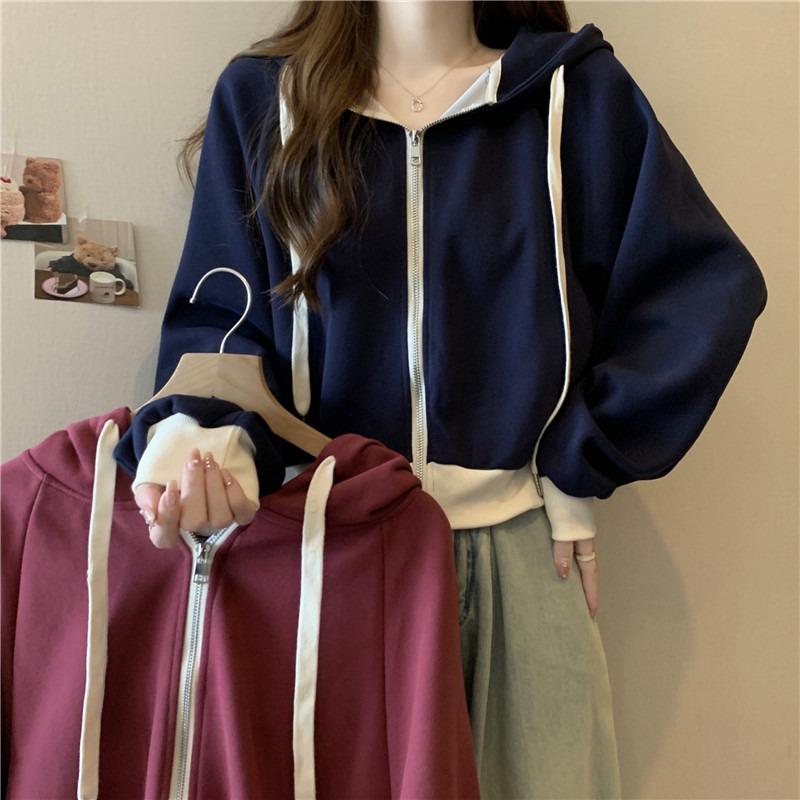 Real Shot Cotton Hooded Drawstring Sweater Women's Thin Loose Short Cardigan Top