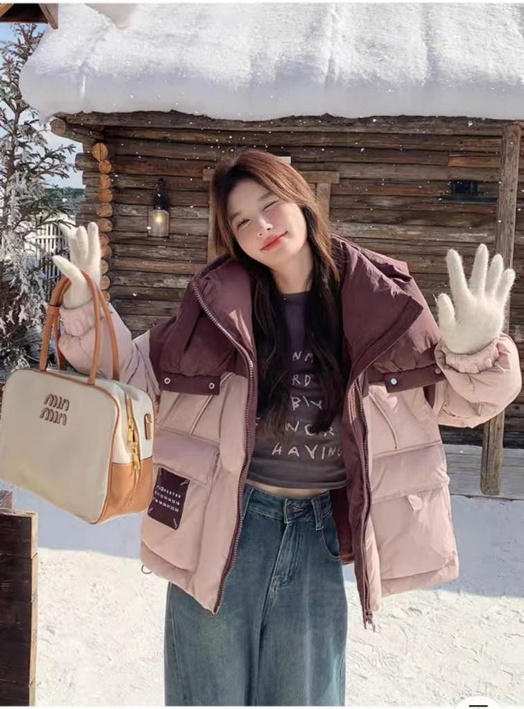 Splicing contrasting color puffs long short down jackets women's winter new lazy white duck down bread clothes