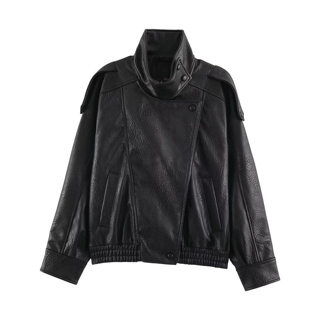 2026 Summer New Arrival: European and American Cross-border Women's Street Fashion Stand Collar Faux Leather Jacket W025 12548