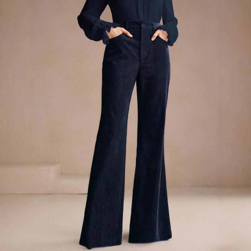 Womens High Waist Corduroy Flare Pants Casual Wide Leg Long Trousers S темно-синий