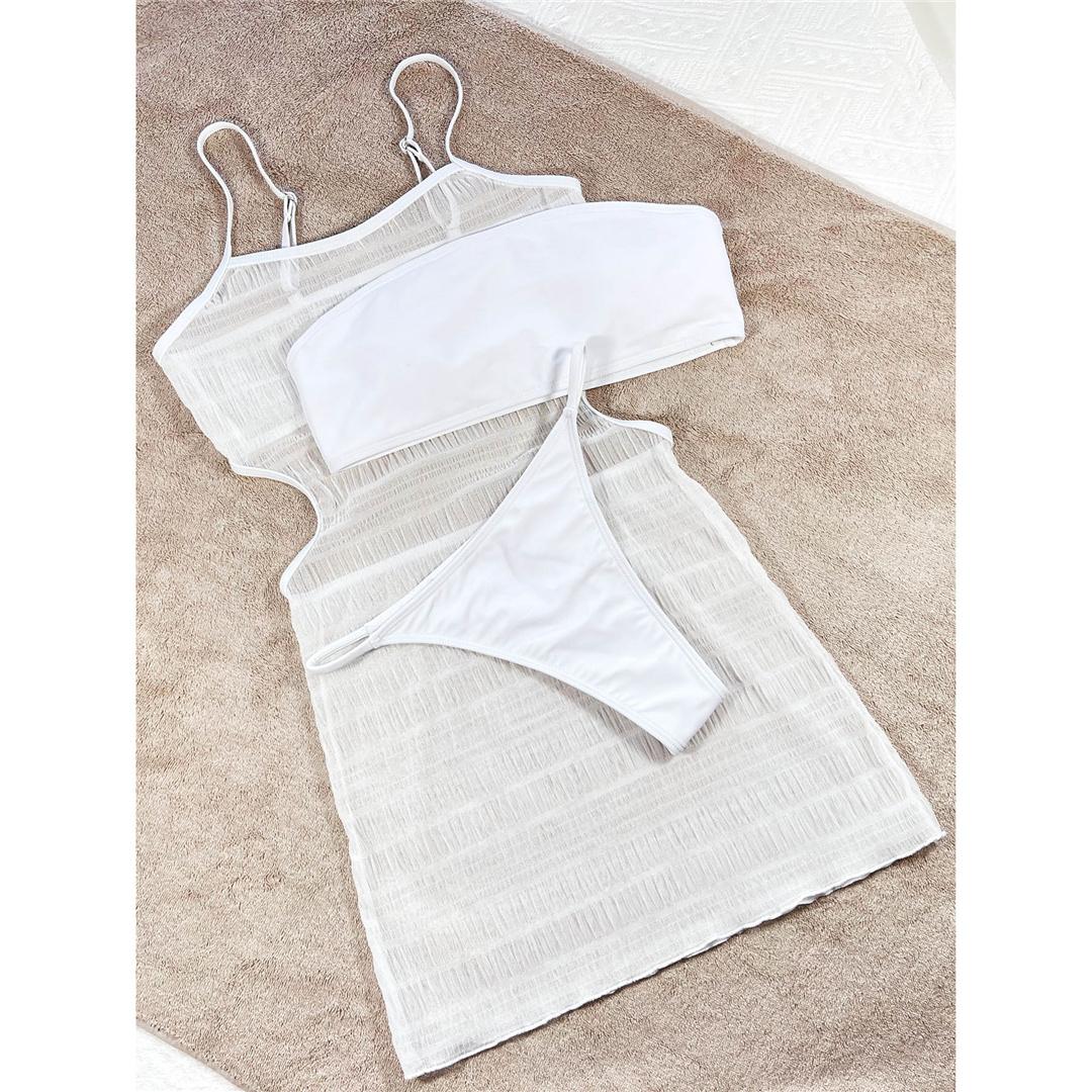 

3 шт. с платьем, бандо, стринги, бикини, женский купальник, женский купальник, комплект из трех предметов, купальный костюм, купальный костюм для женщин L белый