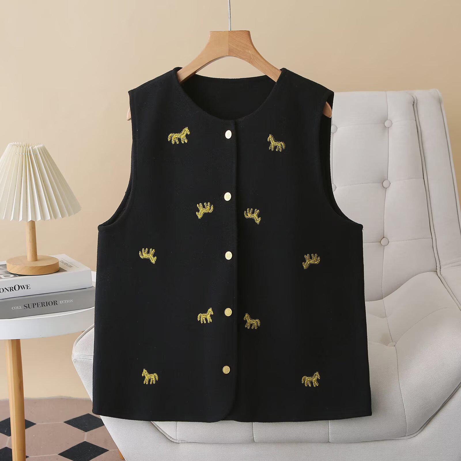 

Spring 2026 Plus Size Embroidered Wool Vest Cardigan - Round Neck Top for Girls 4XL чёрный