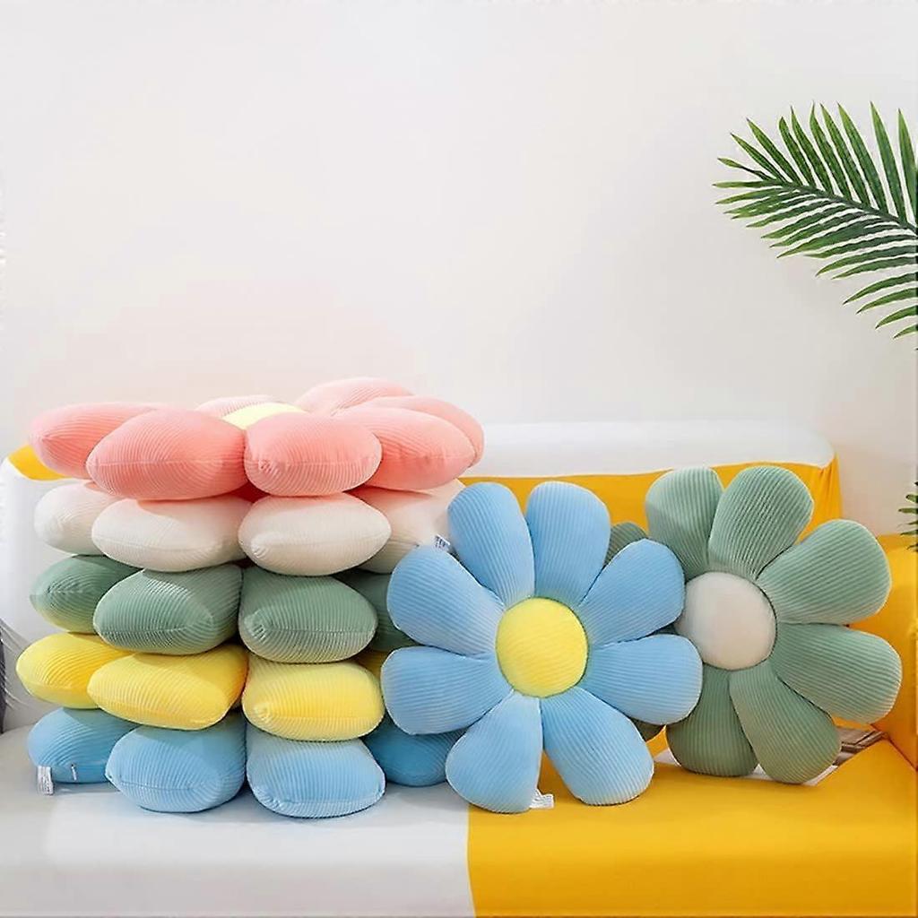2pcs Daisy Flower Shaped Throw Pillows, Plush Floor Pillow Cushion for Bedroom Sofa Chair Decor (15.7 INCH, White & Blue)