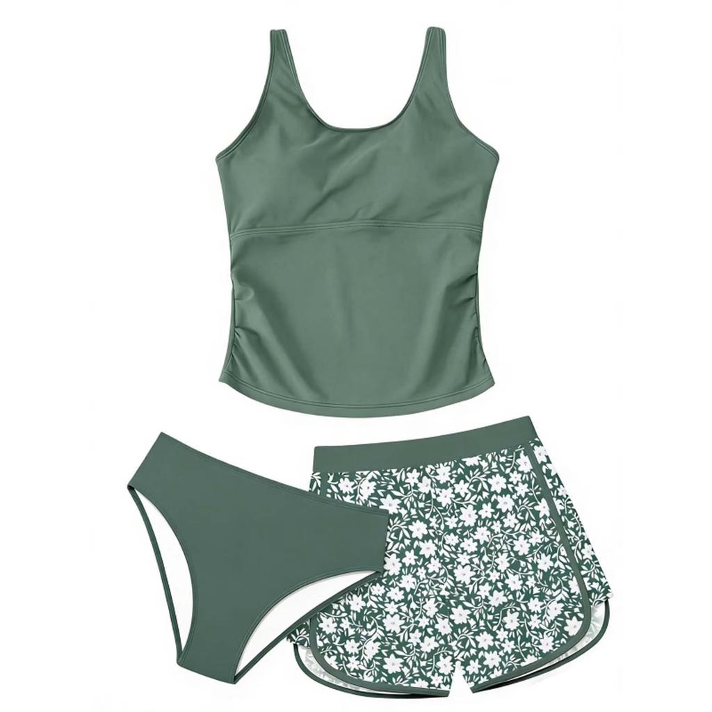 Girls Two Piece Swimsuit Tankini Top and Floral Print Swim Shorts Set Lightweight Quick Dry Fabric Comfortable Fit