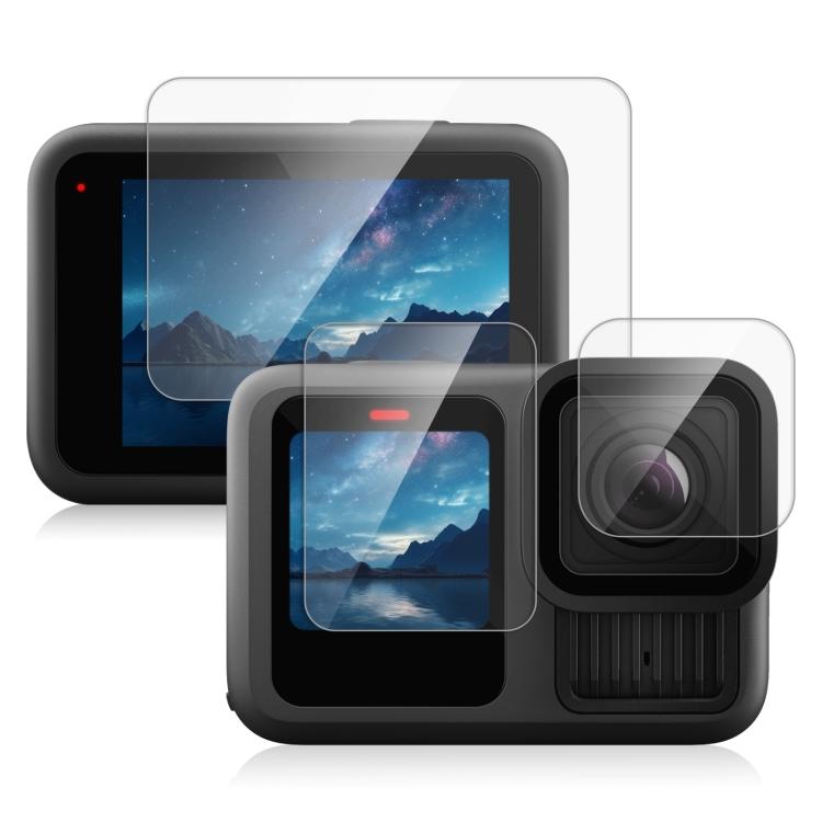 

For GoPro HERO13 Black PULUZ 3 in 1 Lens and Front Back Screen 9H 2.5D Tempered Glass Film (Transparent) прозрачный