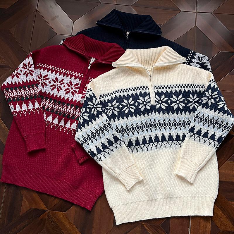American Fair Isle Red Half-Zip Pullover Sweater for Men & Women - Trendy Autumn/Winter Knitwear Cardigan with High-End Feel
