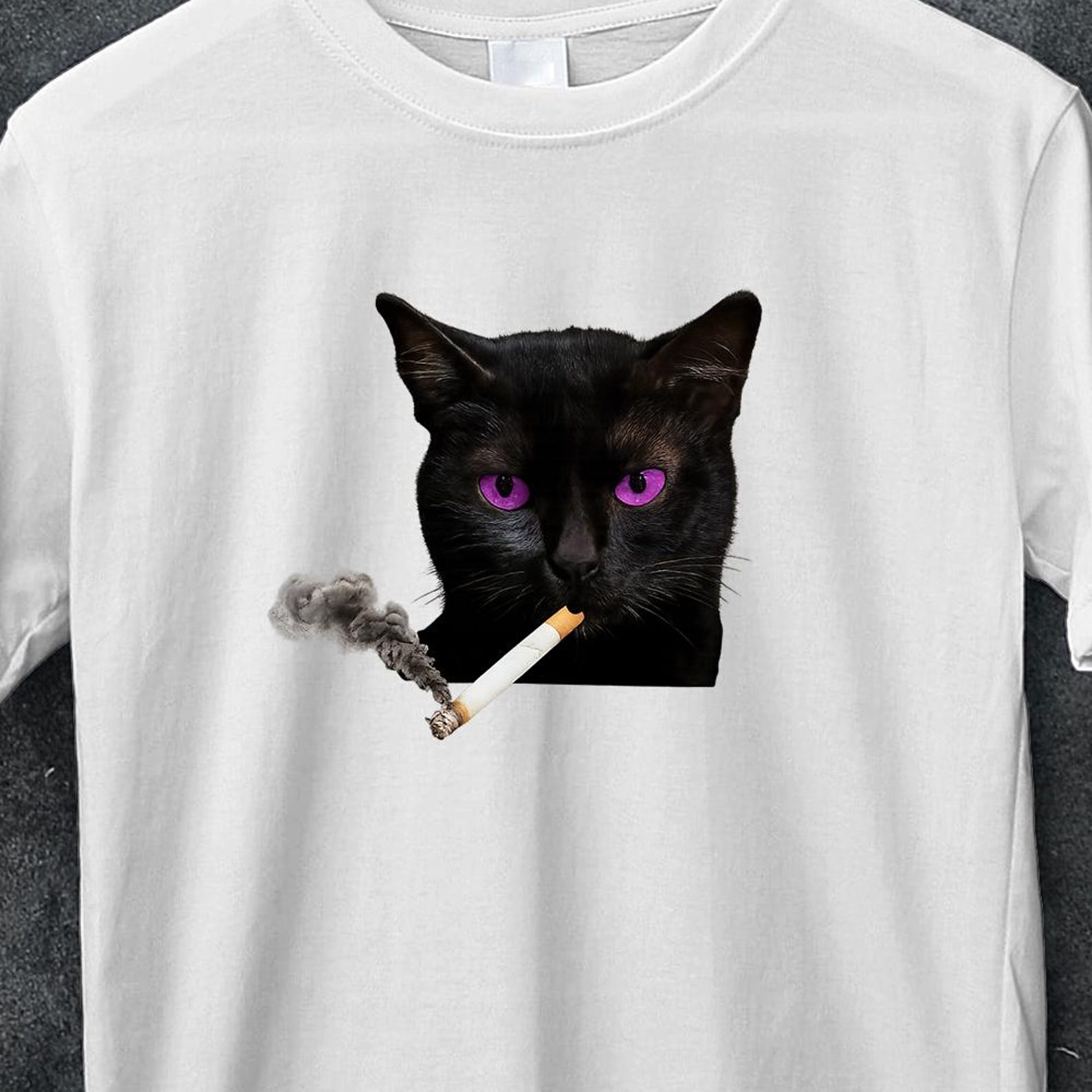 Smoking Cat Y2K T Shirt, Vintage Black Cat Tee for Men Women, crazy t-shirt, Edgy Retro 90s Grunge Tshirt, Aesthetic Tee, Black cat smoking S