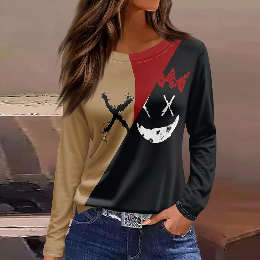 Women's Halloween Print Long Sleeve Round Neck Casual Top with Side Slit