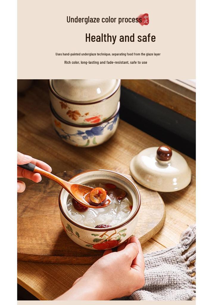 Chinese Retro Ceramic Single-Serve Stew and Soup Pot with Lid