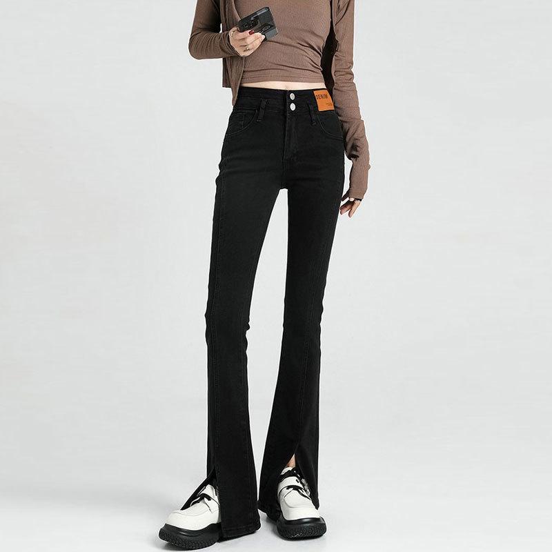 

Women s High-Waisted Double-Button Denim Micro-Flare Pants with Leather Patch, Slim-Fit, Elastic, Split Hem, Versatile Horseshoe Design S