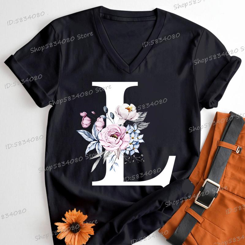 Letter B Floral T Shirts Women English Alphabet Birthday Gift Women 26 Initials Flower Classic Tops Tees Alphabet Floral Tshirt