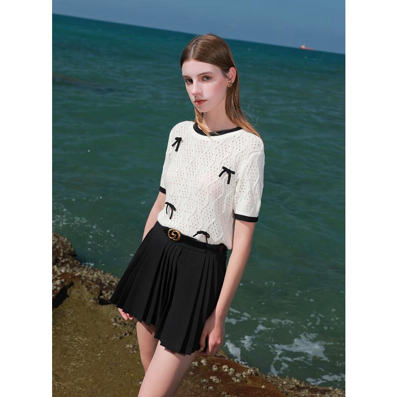 

Sancai Women s 2025 Summer Round Neck Bowknot Short-Sleeve Knit Top S