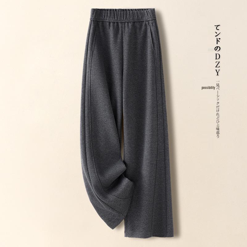 Women's Fleece-Lined Grey Cashmere Wide-Leg Pants: Autumn/Winter 2024 Trendy Wool Blend Style.