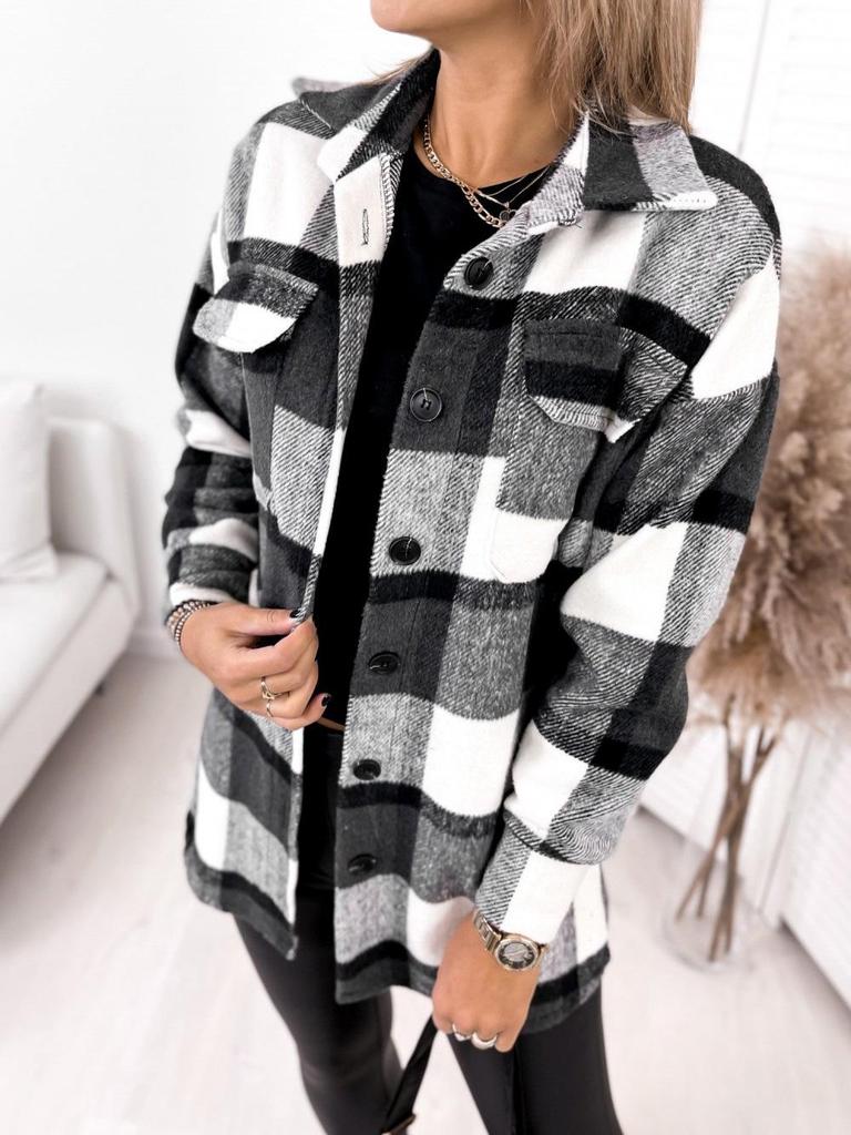 2021 Plaid Print Long Sleeve Woolen Coat with Shirt Collar
