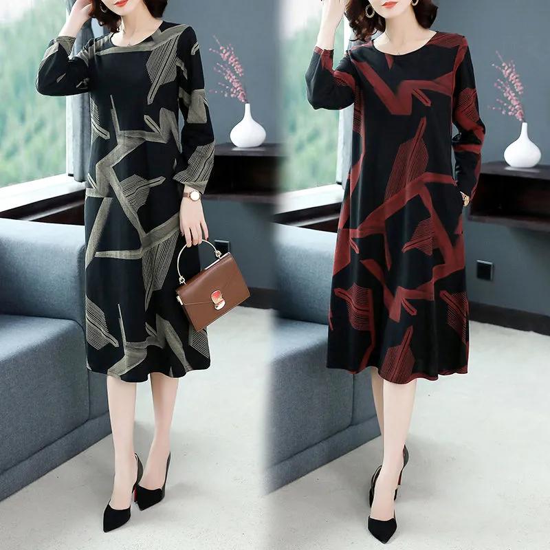 Γυναικείο μακρυμάνικο φόρεμα μεγάλου μεγέθους Άνοιξη και Φθινόπωρο Φούστα μεσαίου μήκους πάνω από το γόνατο με στάμπα με στρογγυλό λαιμό