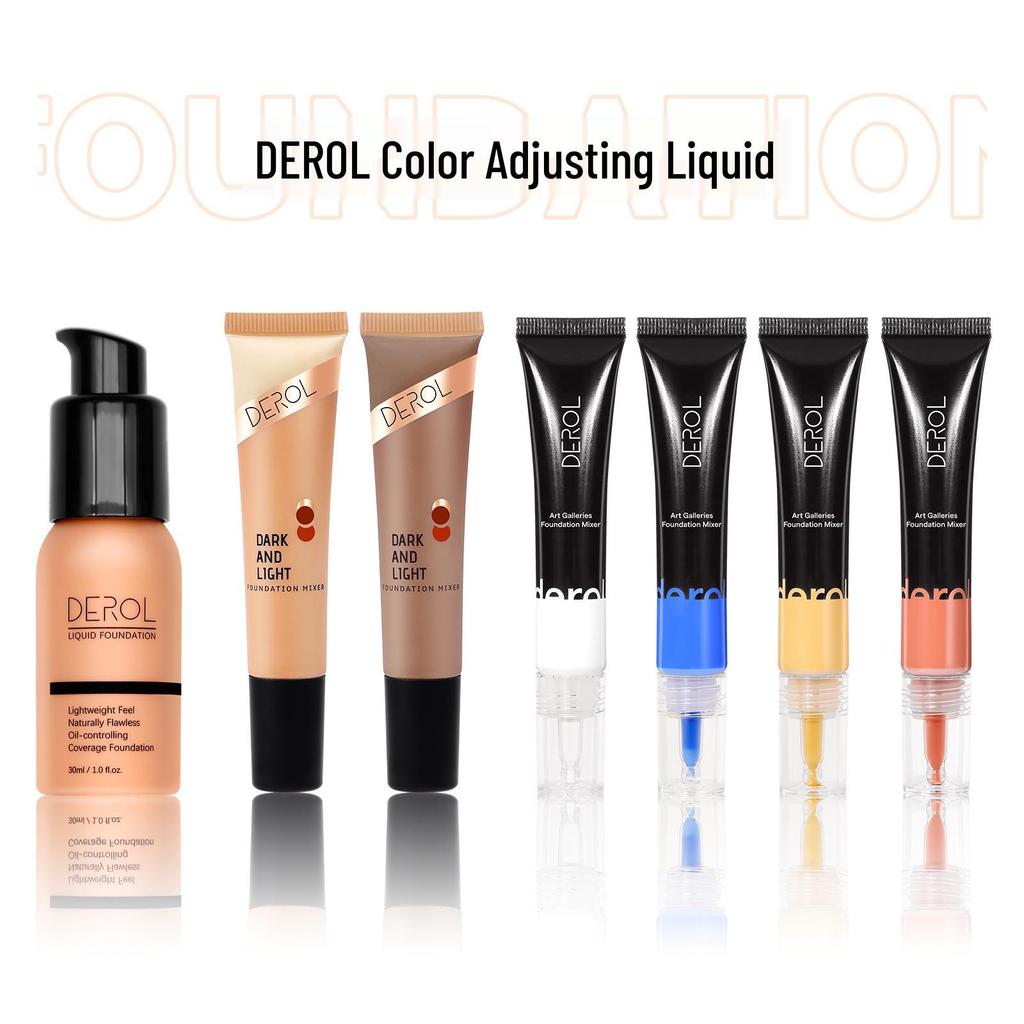 DEROL Foundation Mixer Color Corrector for Light to Dark Skin Brightening and Contouring in Wheat, White, Yellow, Black Tones.