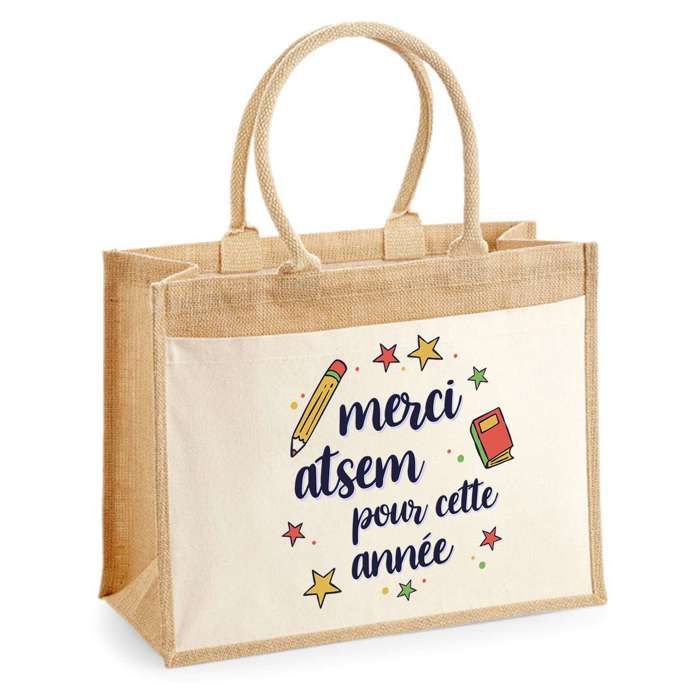 Sac jute avec poche Merci ATSEM étoiles Collègue Fin d'Année Scolaire Cadeau Anniversaire Noël Original | Sac de course shopping