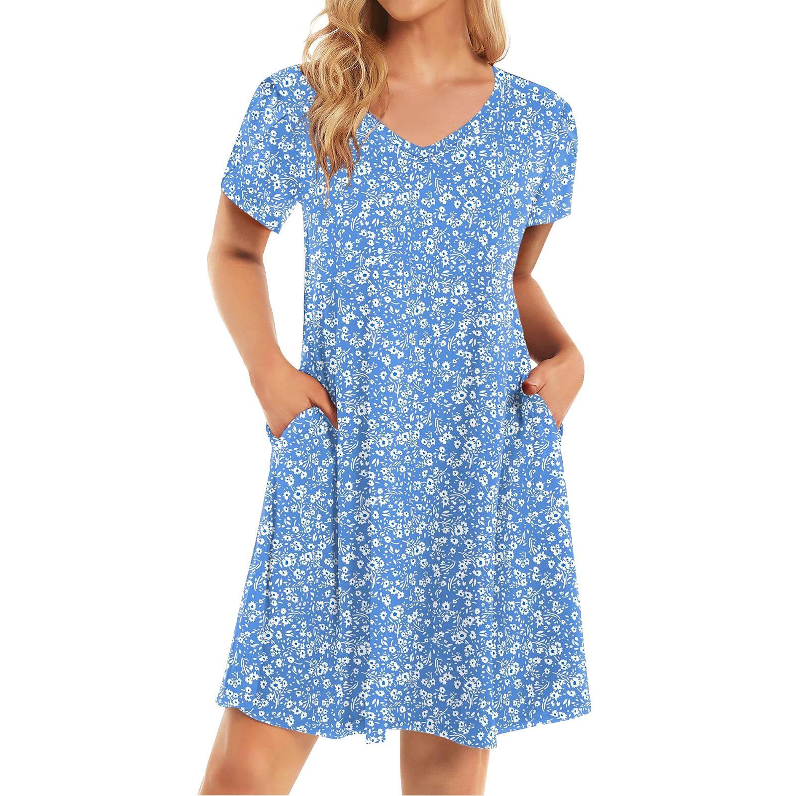 Women s Dress V Neck Sleeve Summer Dress Pleated Elastic Waist A-Line  Dress L синий