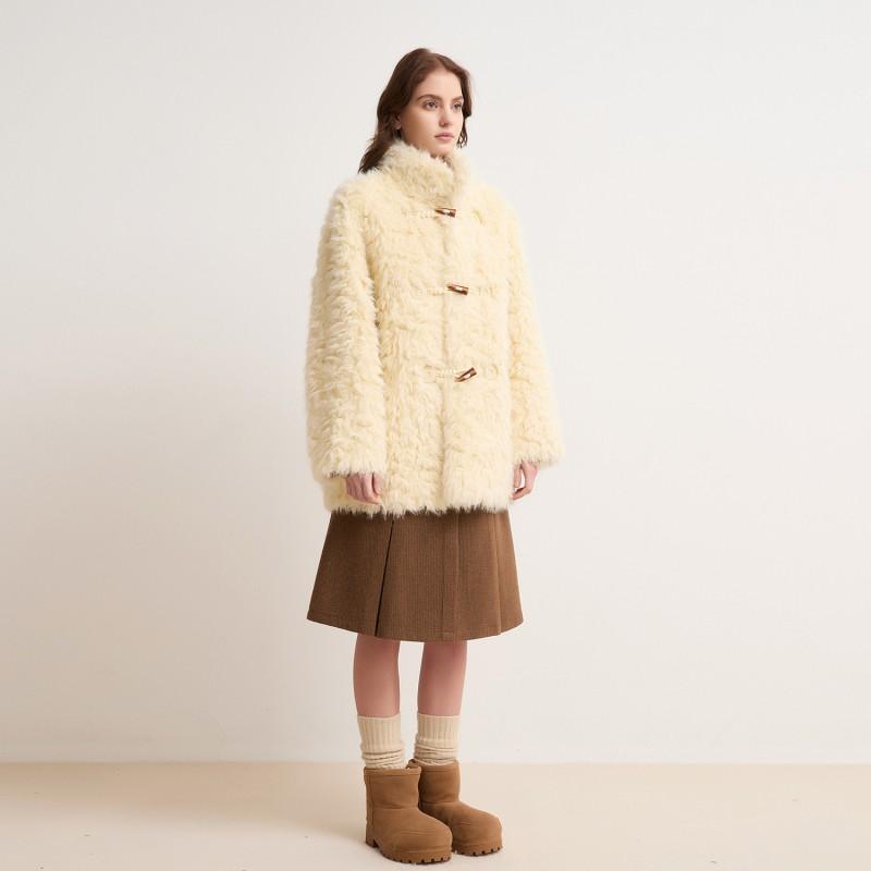 Womens Faux Fur Coat Lamb Wool Blend Horn Button Thick Warm Winter Jacket Petite Women