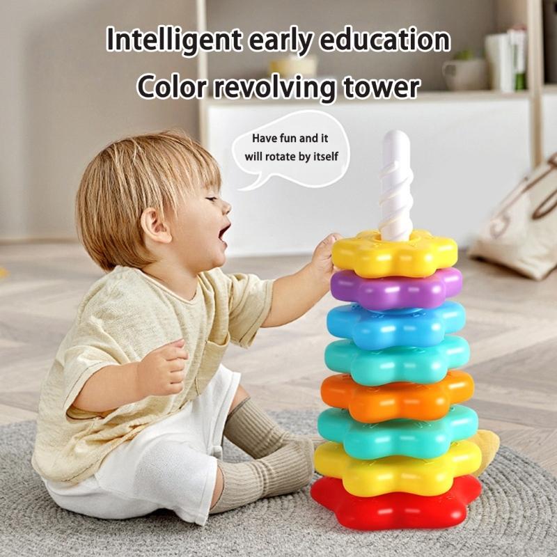 Interactive Rotating Stacking Tower Educational Toy for Toddler Motor Skill Building Colorful Color Sorting Activity Game