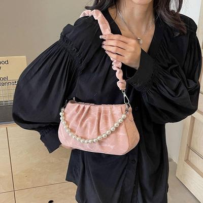Pearl Pleated Women’s Shoulder Bag – Chic Solid Color Design, Niche Style, Zippered, Versatile Underarm Bag.