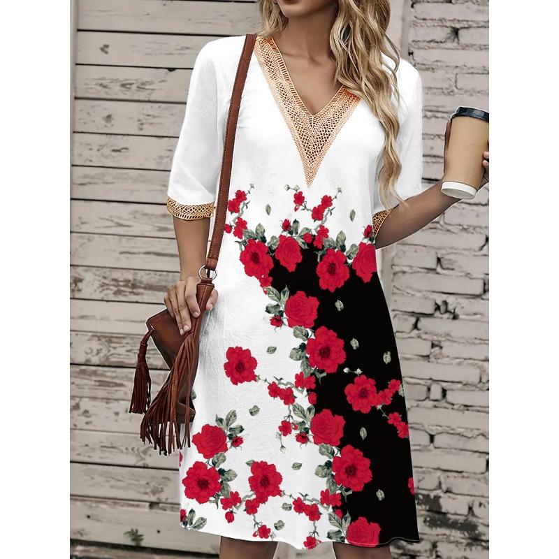 

Женское платье весна/лето с принтом, кружевное, с V-образным вырезом, свободное, с короткими рукавами, средней длины XXL