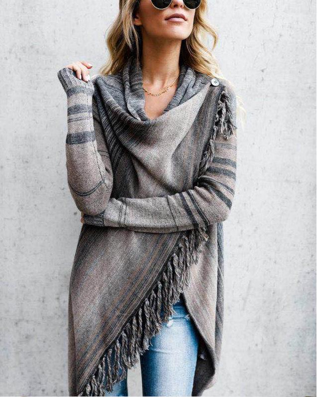 Europäischer & Amerikanischer Mittellanger Schlanker Modischer Quasten-Streifen Cardigan Pullover für Damen