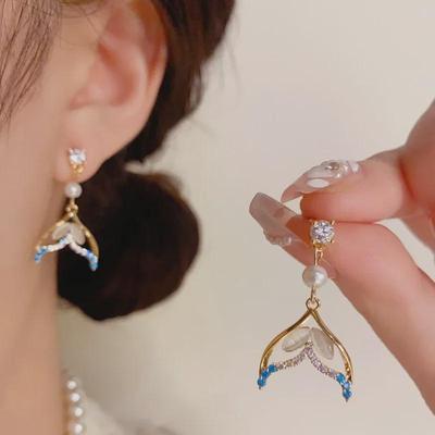 French Zircon Pearl Fishtail Earrings - Chic, Minimalist Silver Jewelry with a High-End Niche Design