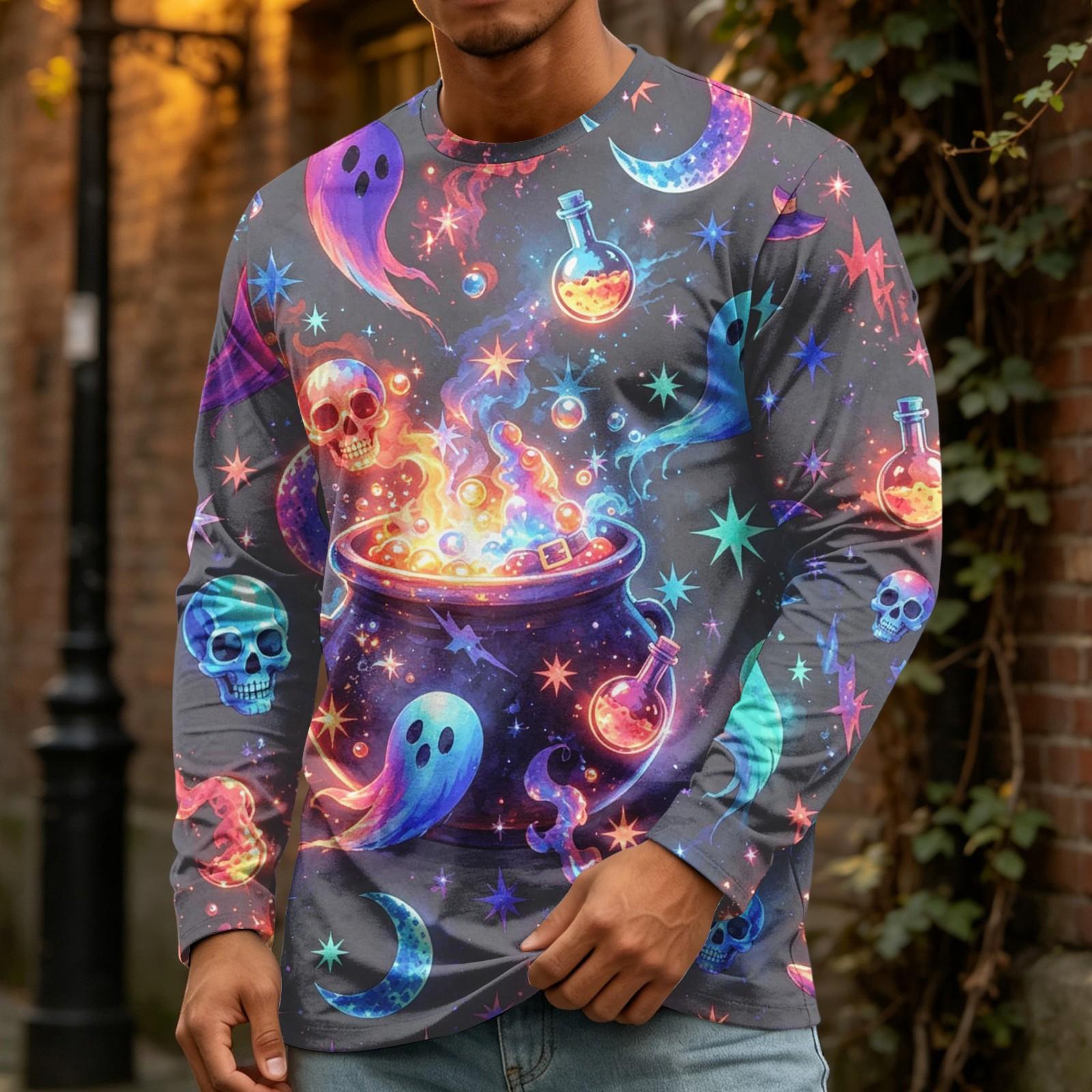 Men s Halloween Printed Crewneck Long Sleeve Top Casual Loose Fit M