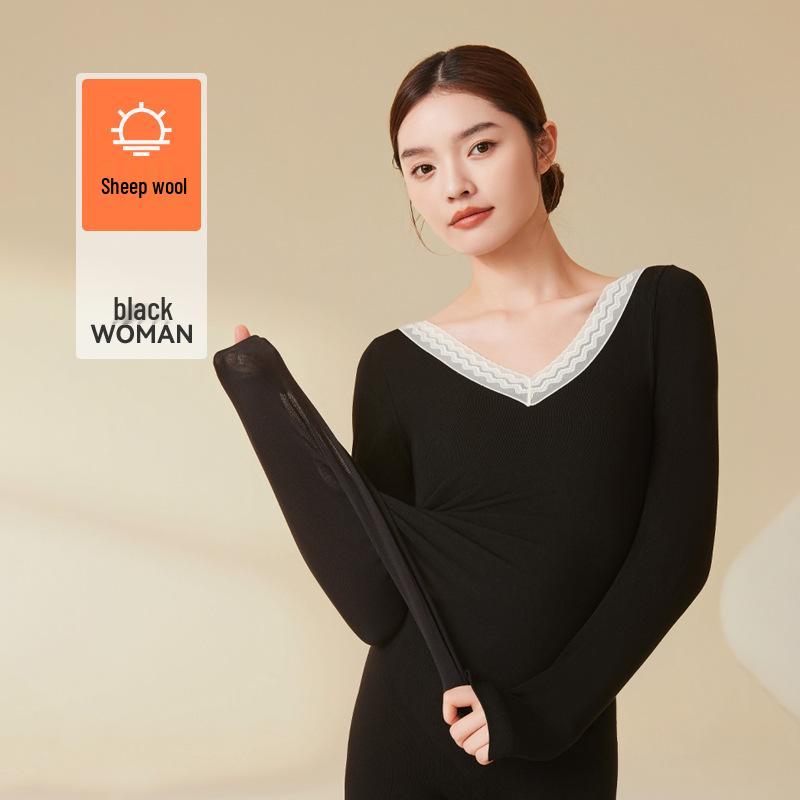 Women's V-Neck Wool Thermal Underwear Set – Seamless Slim Fit for Autumn Warmth