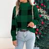 Women's Christmas Casual Color Block Plaid Long-Sleeved Turtleneck Sweater