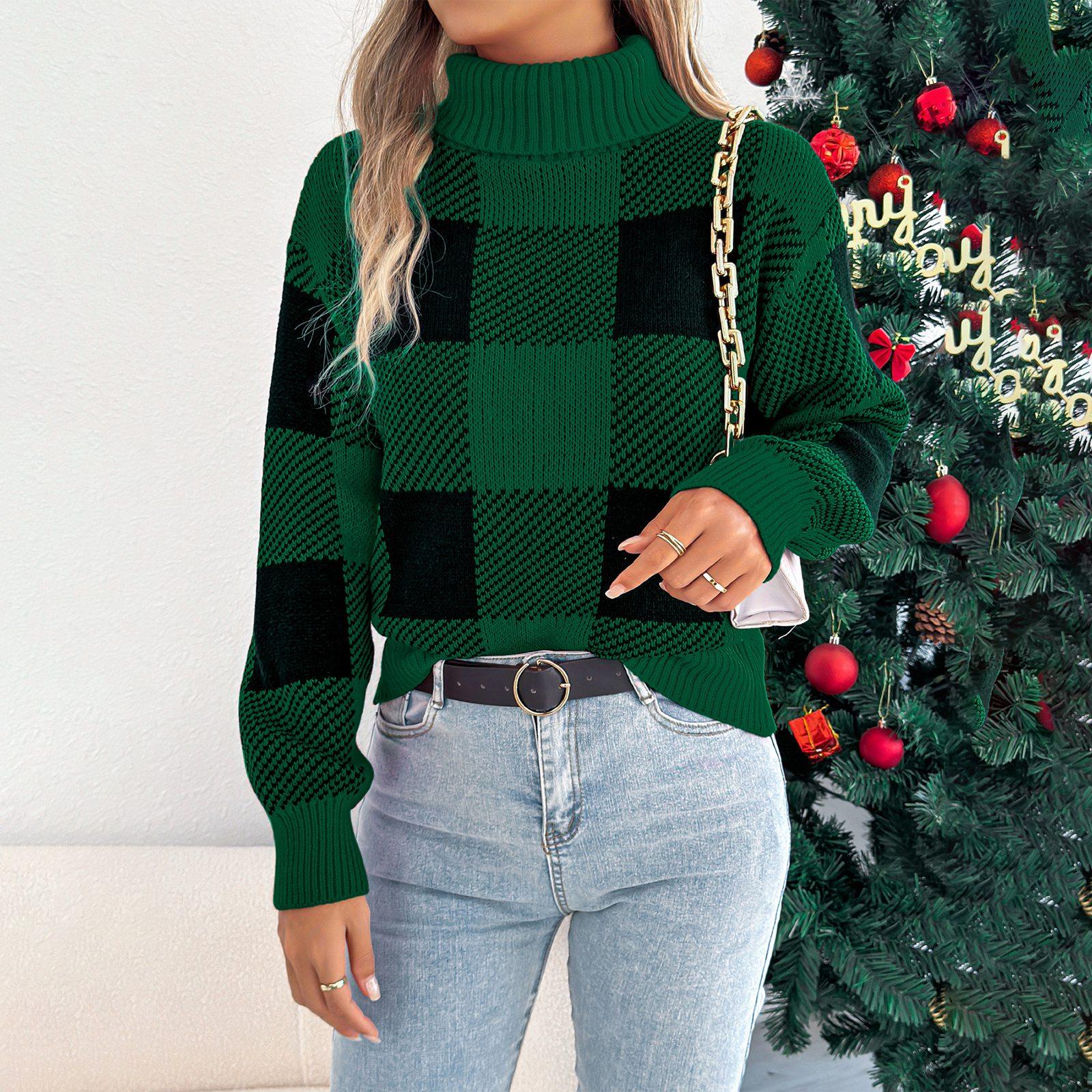 

Women s Christmas Casual Color Block Plaid Long-Sleeved Turtleneck Sweater M