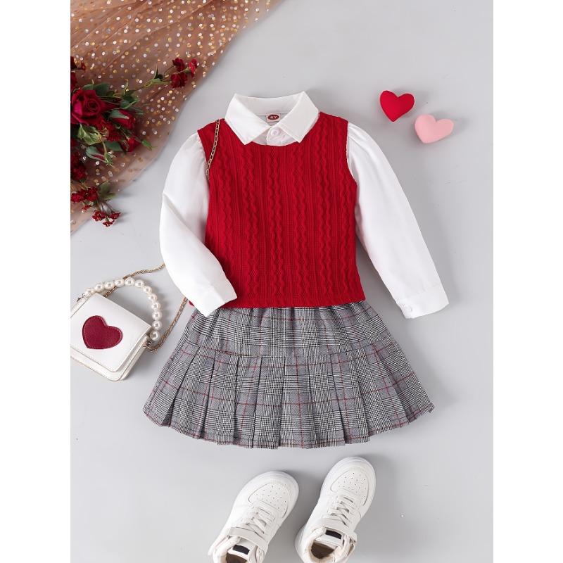 

Европейский и американский сезон возвращения в школу, костюм-тройка для горячих девушек, зеленый вязаный жилет с белой рубашкой и зеленой клетчатой плиссированной юбкой 140cm красный