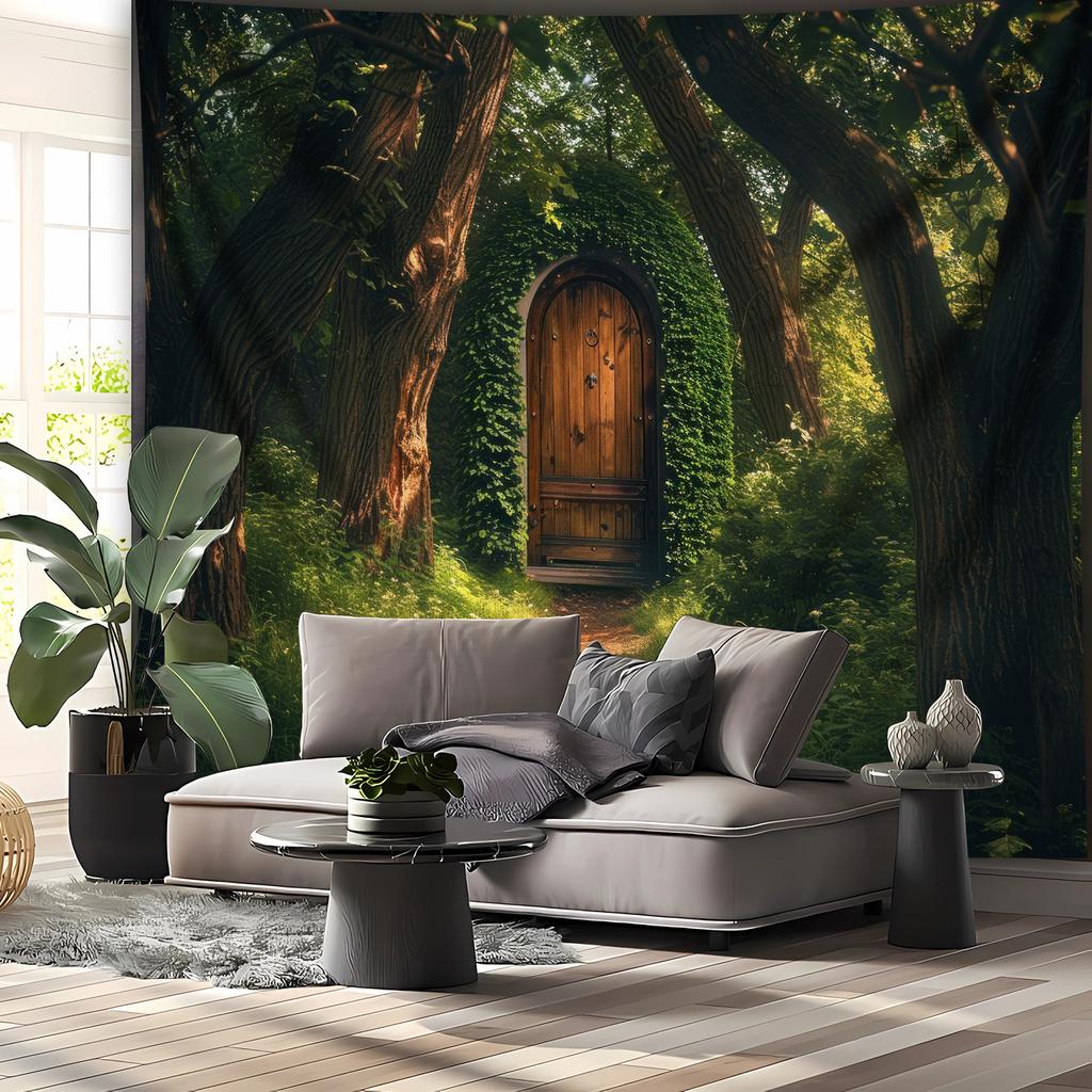 Enchanted Forest Door Tapestry Hobbit Hole Nature Landscape Wall Hanging Fantasy Decor Living Room Art Print